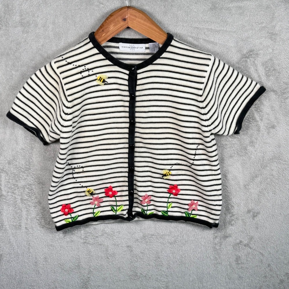 Marisa Christina Cardigan Women M Black White Striped Bee Floral Knit Crop 90s